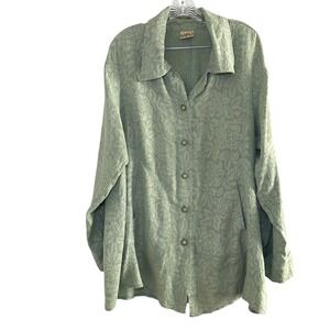 URU women's green button front blouse lagenlook textured boho 100% silk artsy